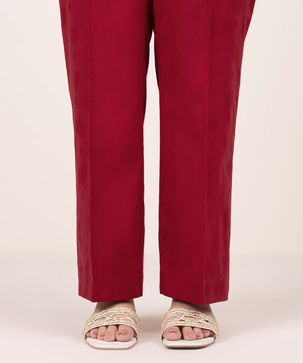 Women's RTW Self Jacquard Solid Red Straight Pants