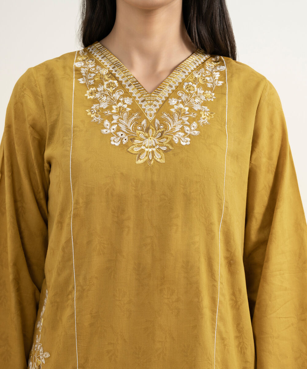 Women's RTW Self Jacquard Embroidered Mustard Yellow A-Line Shirt
