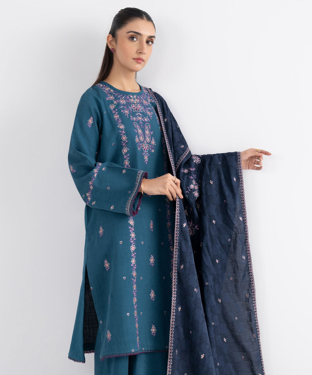 Women's Unstitched Cross Hatch Embroidered Blue 3 Piece Suit