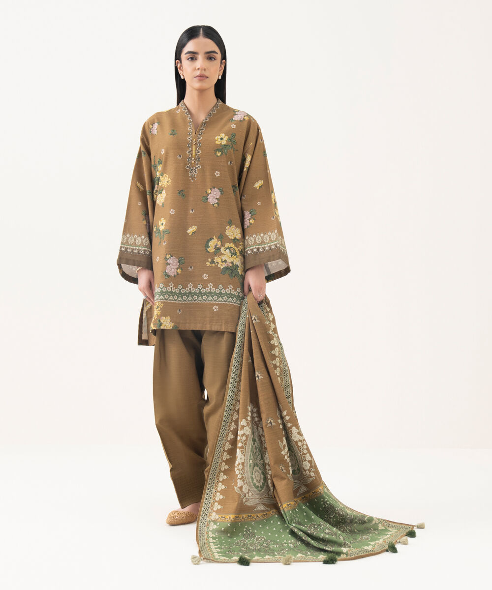 Women's Unstitched Light Khaddar Embroidered Brown 3 Piece Suit