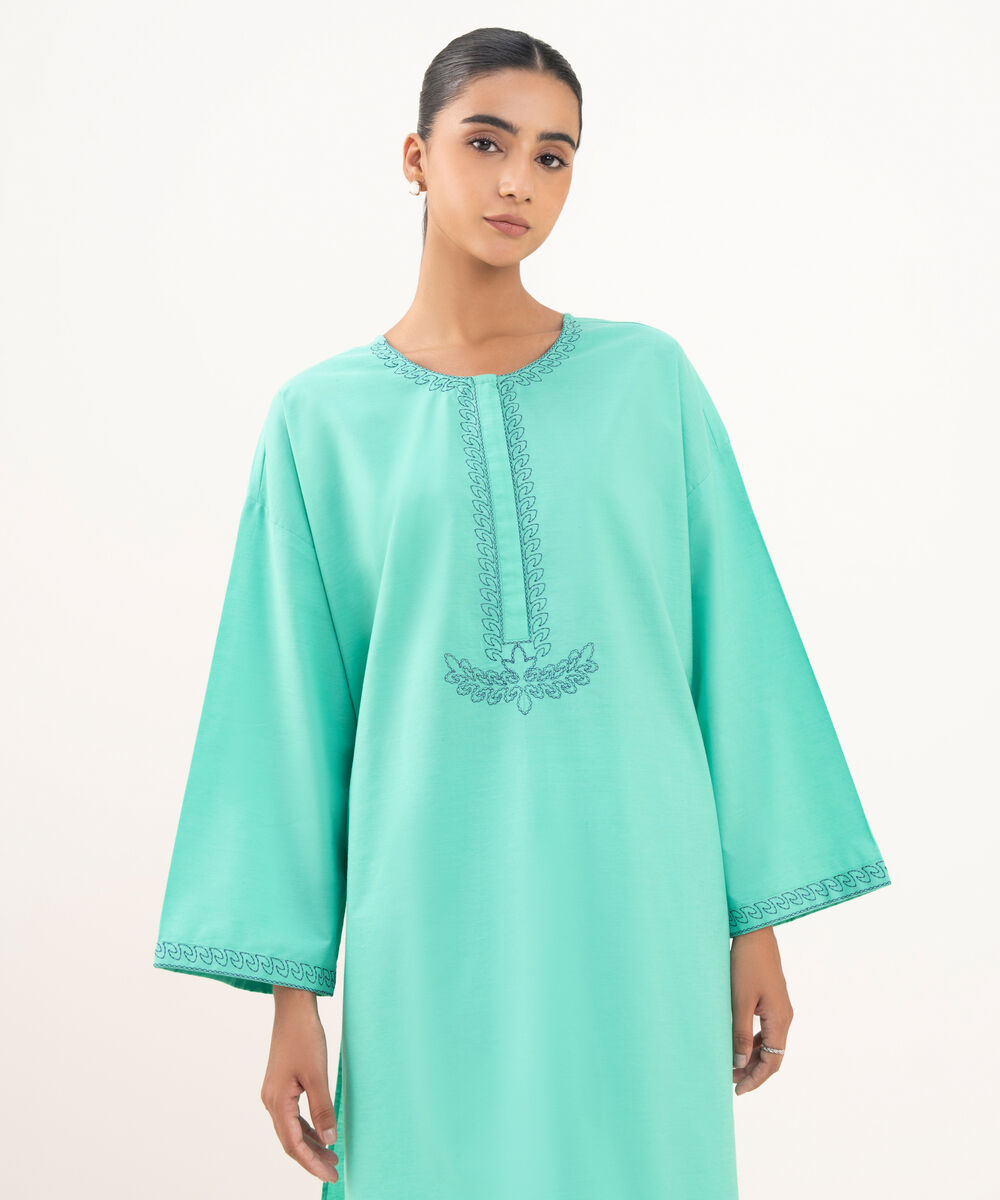 Women's RTW Textured Cotton Green Embroidered Drop Shoulder Shirt