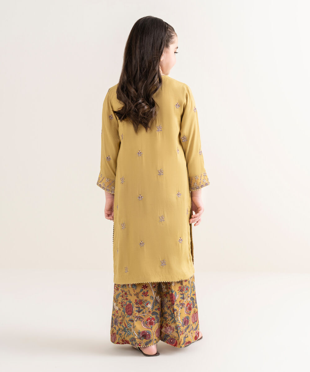 Girl's Viscose Raw Silk Yellow Embroidered 2 Piece Suit