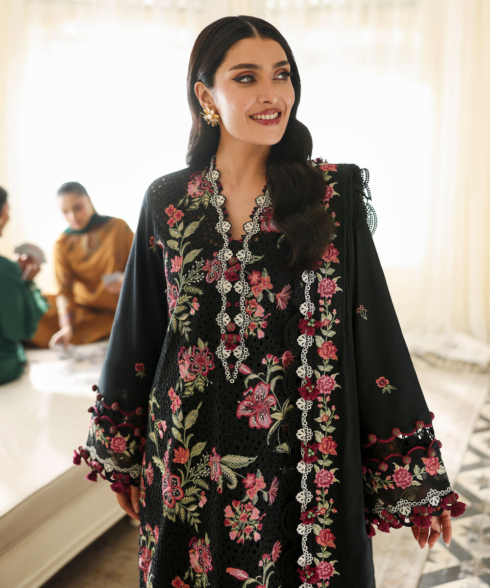Women's Unstitched Lawn Embroidered Black 3 Piece Suit