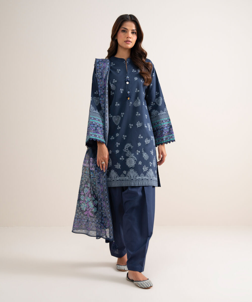 Women's Unstitched Printed Lawn Blue 3 Piece Suit