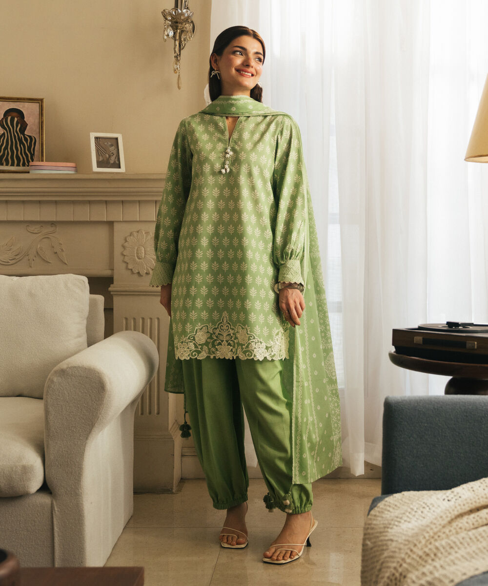 Women's Unstitched Lawn Embroidered Light Pistachio 3 Piece Suit