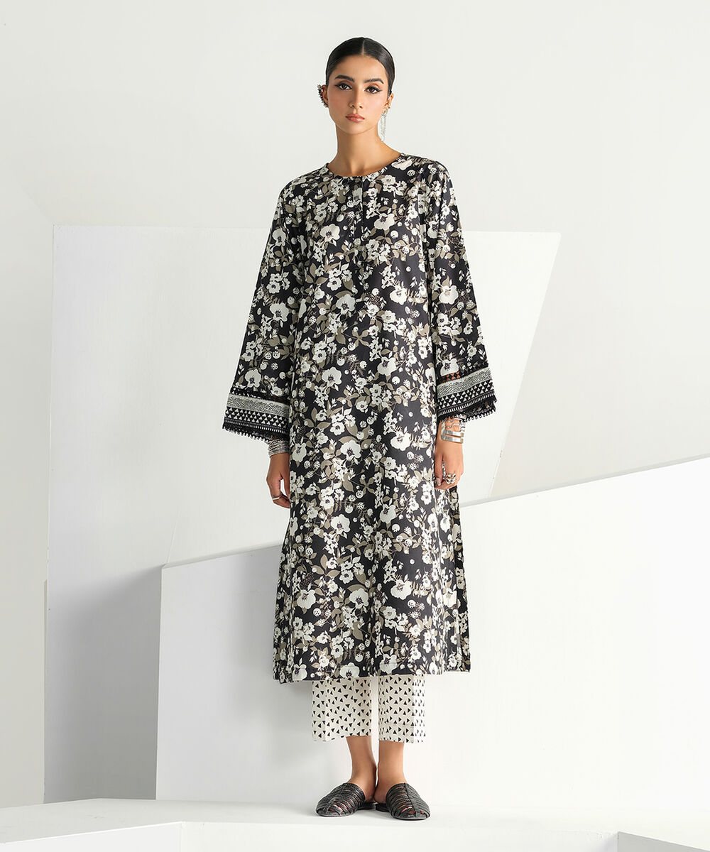 Women's RTW Cambric Black Printed A-Line Shirt