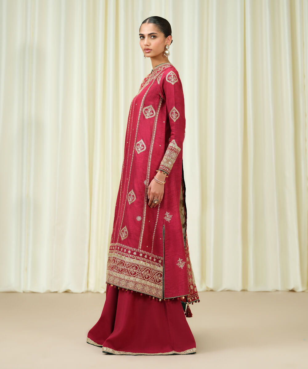 Women's Unstitched Raw Silk Embroidered Pink 3 Piece Suit