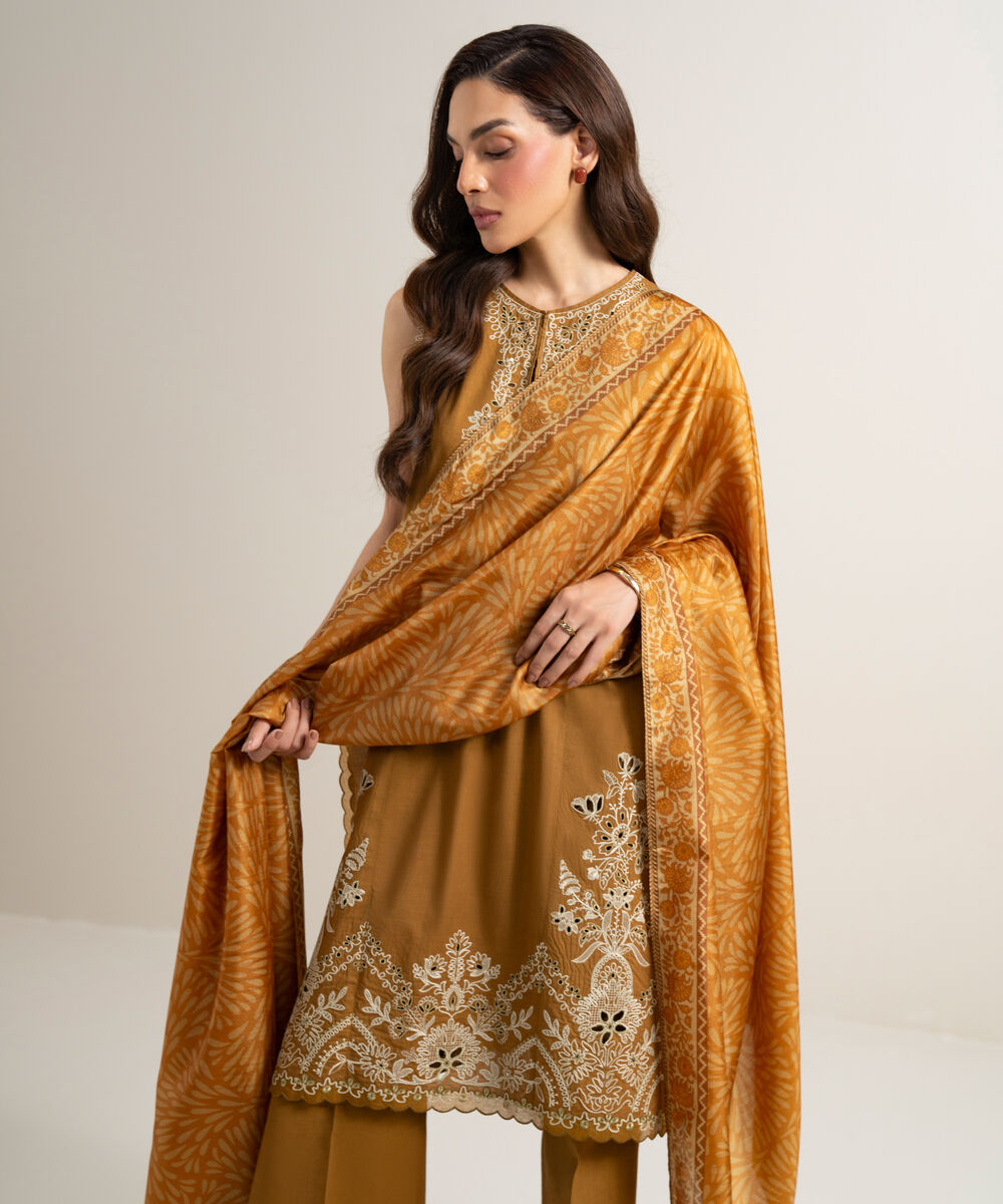 Women's Unstitched Textured Lawn Embroidered Mustard 3 Piece Suit