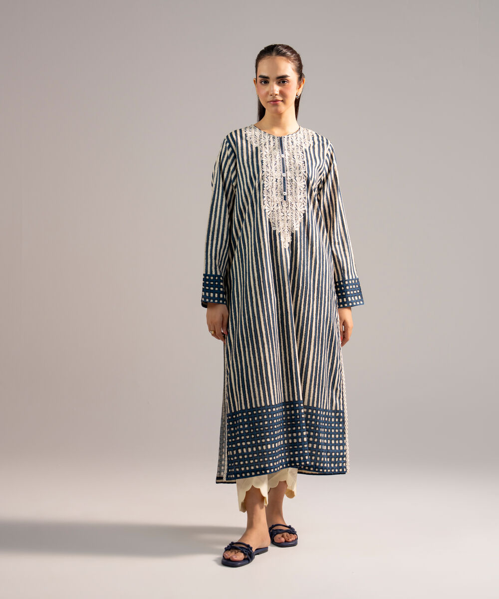 Women's RTW Cotton Viscose Embroidered Blue A-Line Shirt
