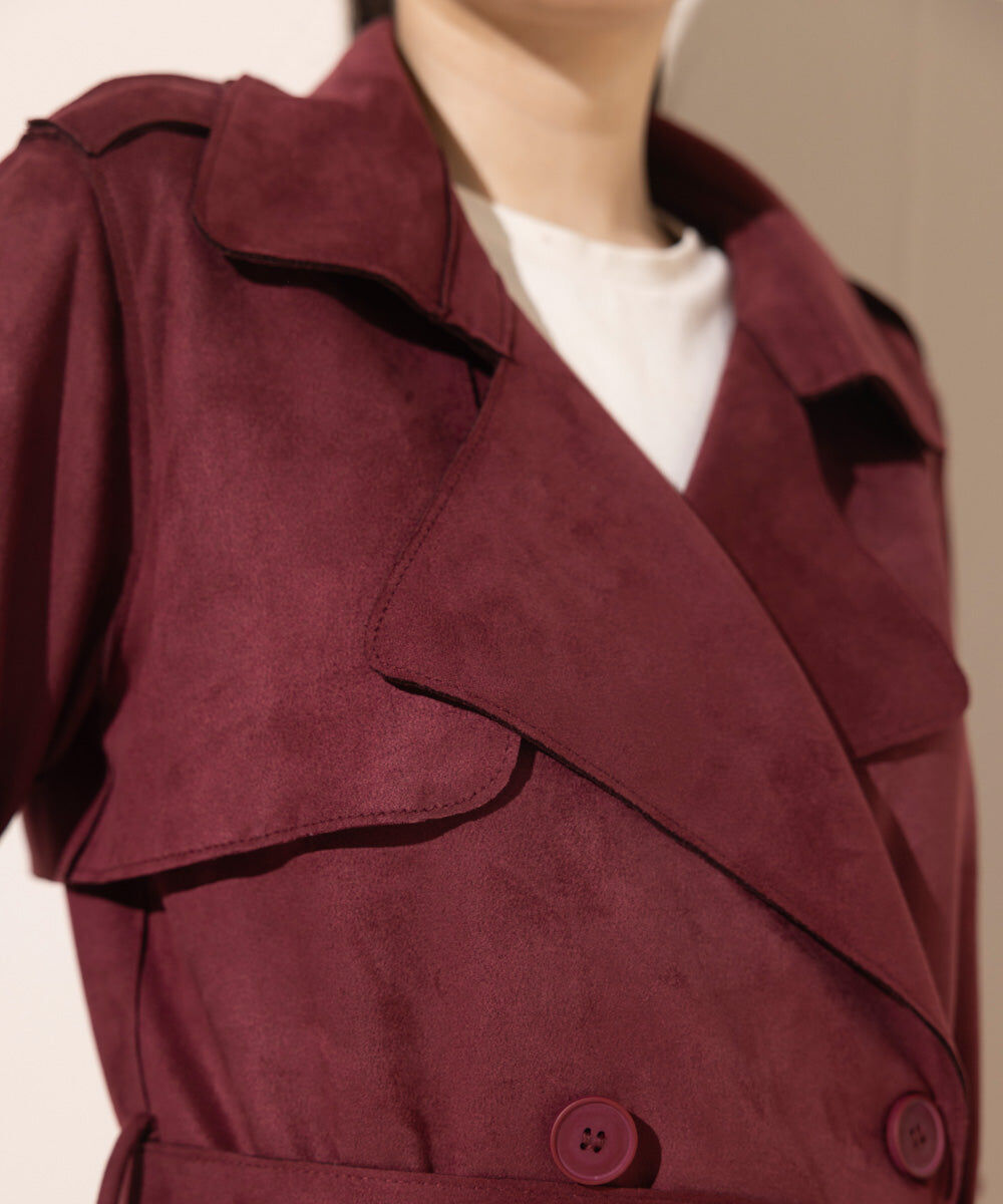 Woman - Red Suede Trench Coat with Belt