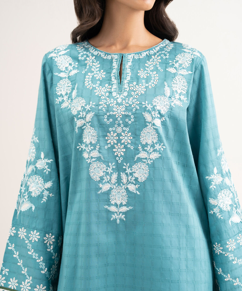 Women's RTW Dobby Embroidered Blue Straight Shirt