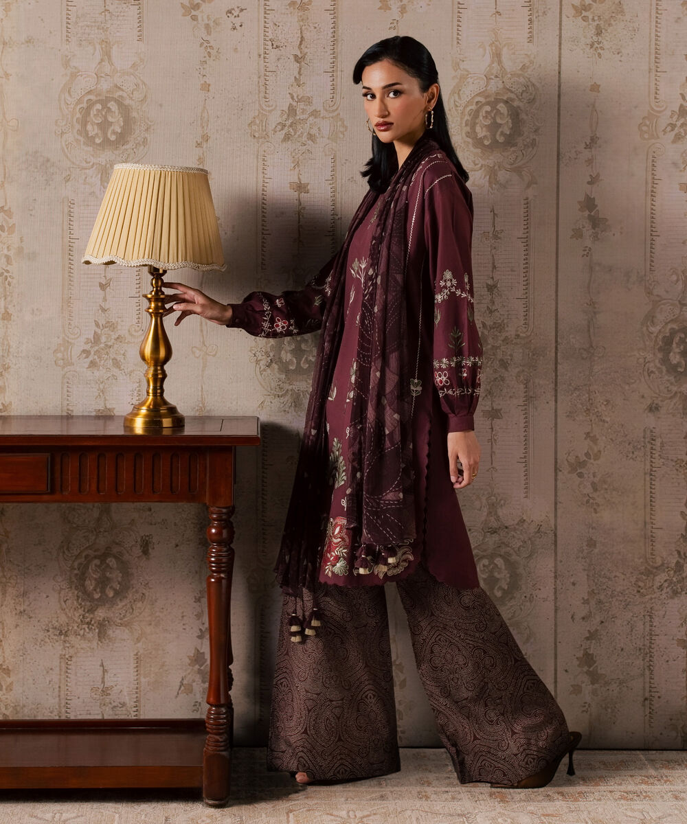 Women's Unstitched Textured Lawn Embroidered Red 3 Piece Suit