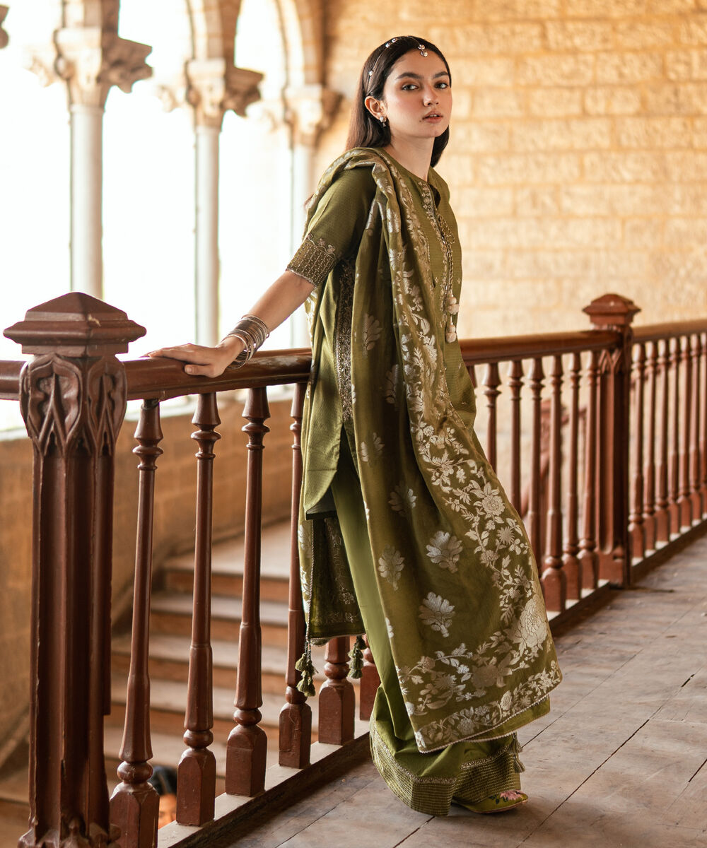 Women's Unstitched Dobby Embroidered Green 3 Piece Suit