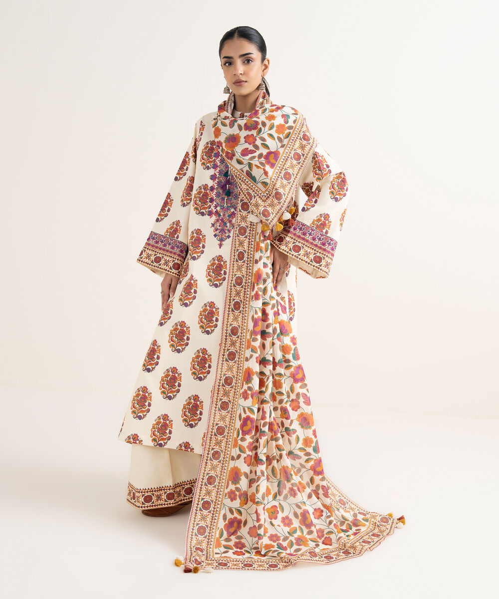 Women's Unstitched Cotton Printed Multi 3 Piece Suit