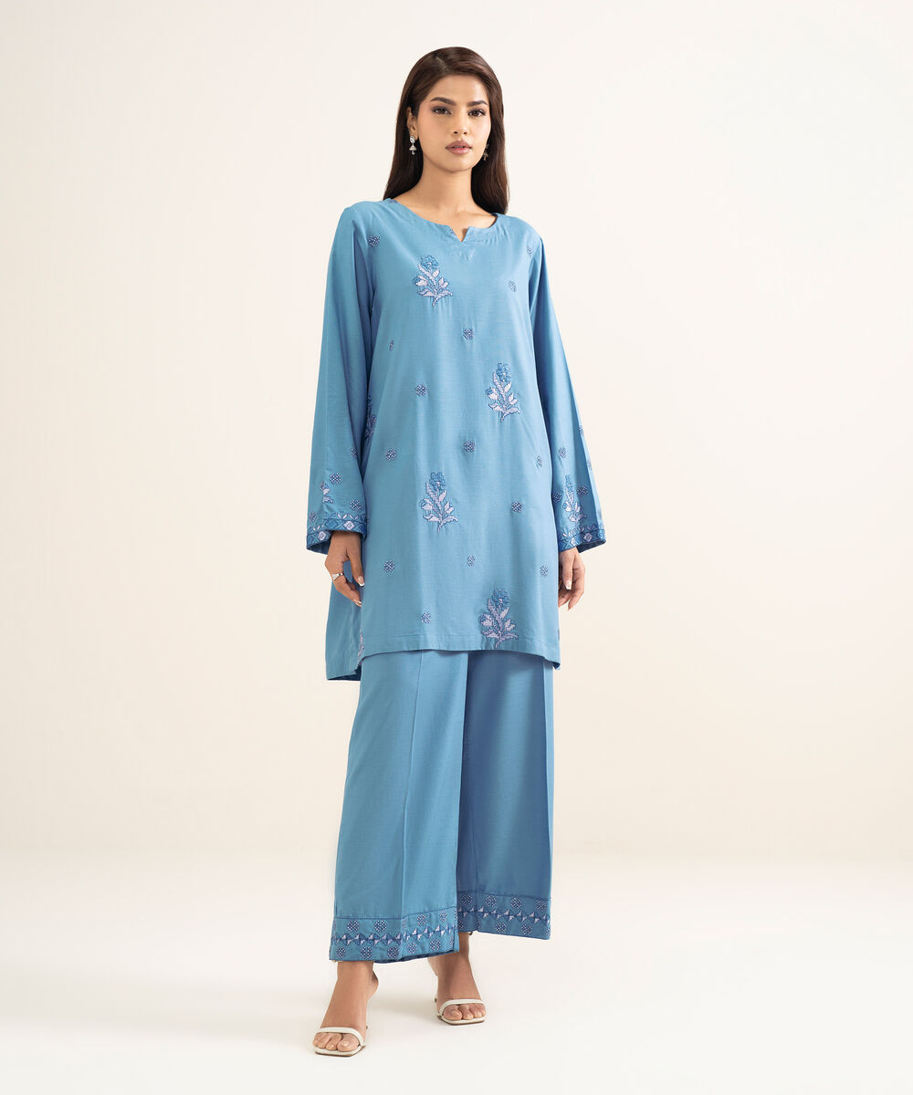 Women's RTW Cotton Viscose Embroidered Blue Straight Shirt