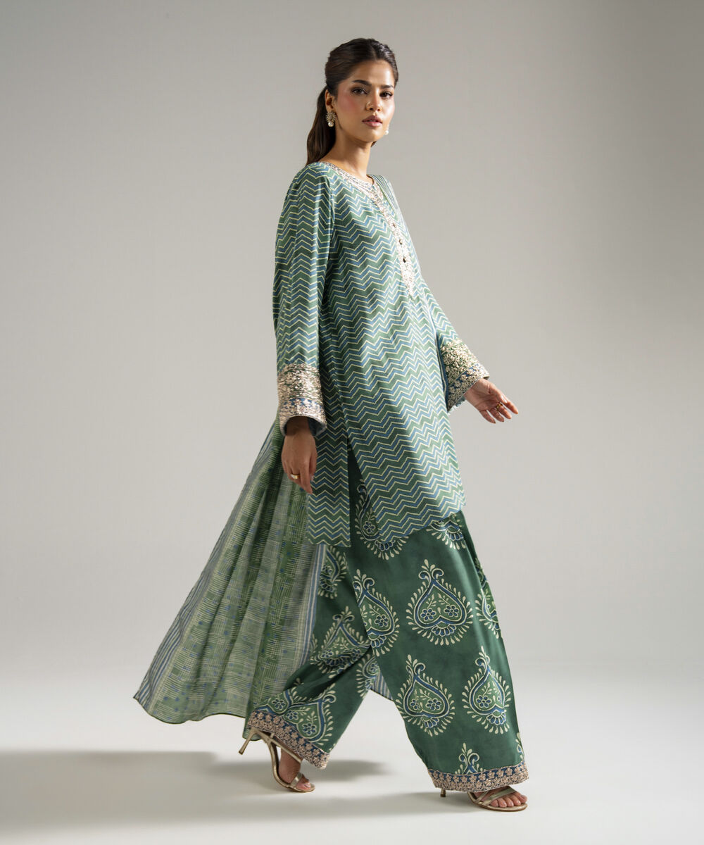 Women's RTW Raw Silk Embroidered Green 3 Piece Suit