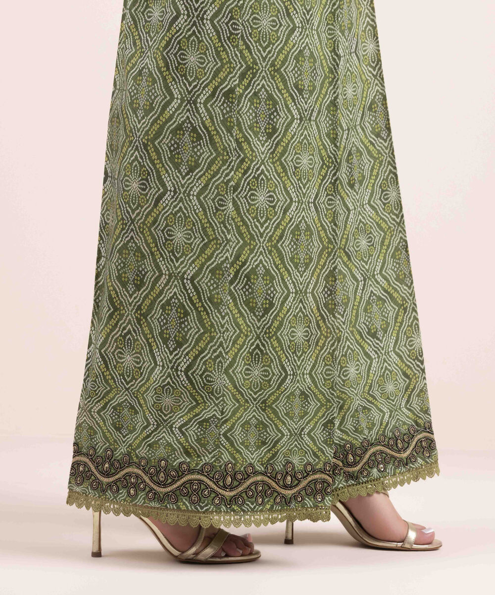 Woman - Green Embroidered Cambric Flared Pants