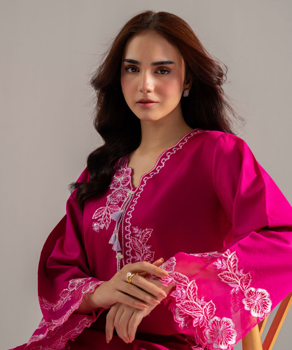 Women's RTW Dobby Solid Embroidered Pink Straight Shirt