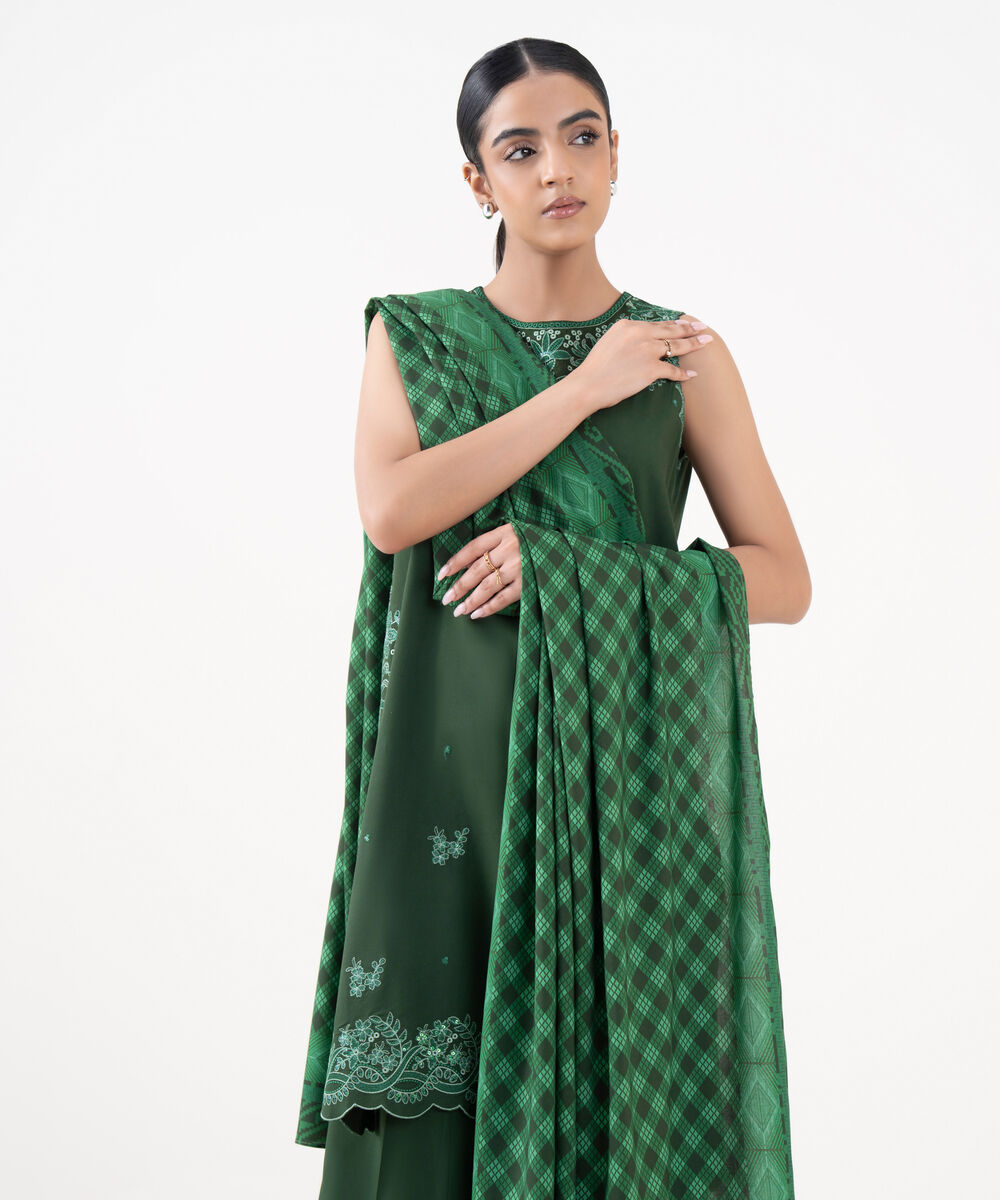 Women's Unstitched Linen Embroidered Green 3 Piece Suit