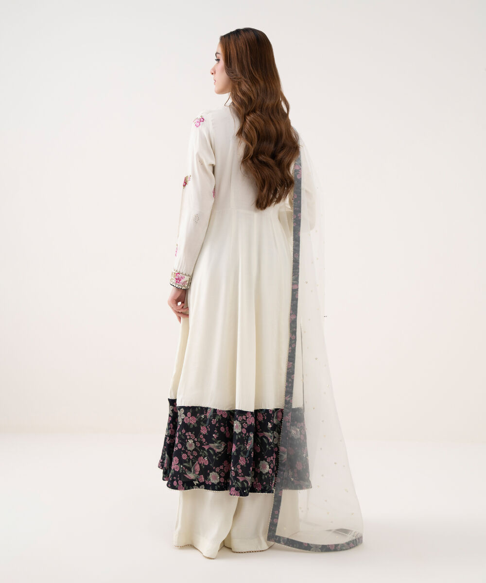 Women's RTW Viscose Raw Silk Embroidered White Three Piece Suit