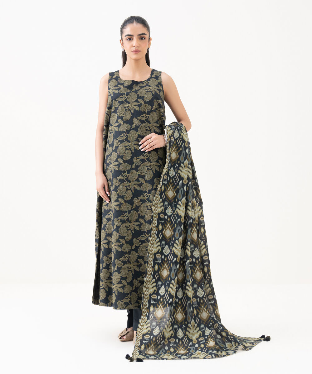 Women's Unstitched Khaddar Printed Black 3 Piece Suit