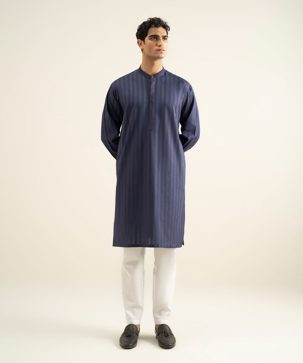 Men's indigo Leno Jacquard Kurta