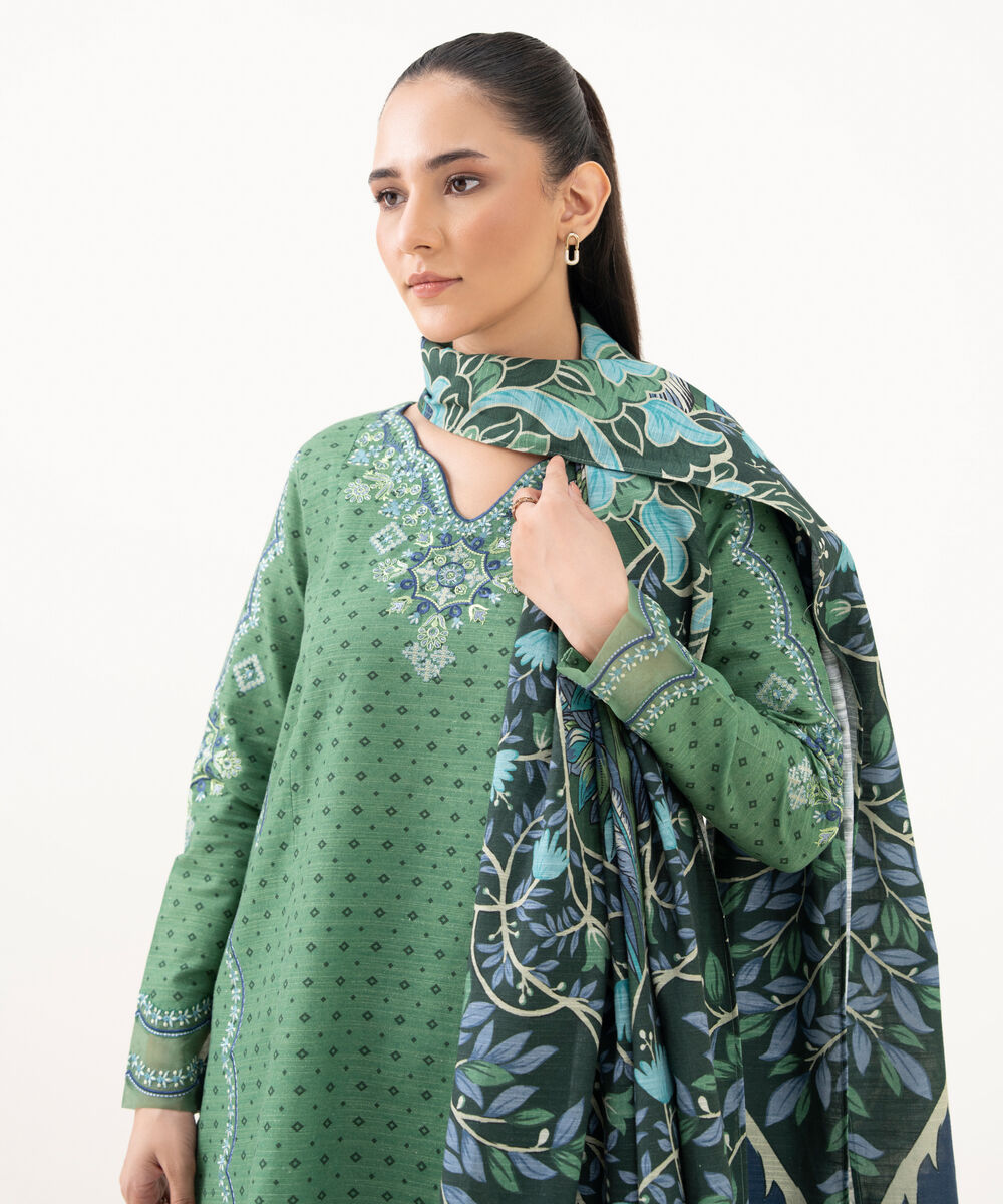 Women's Unstitched Khaddar Embroidered Green 3 Piece Suit