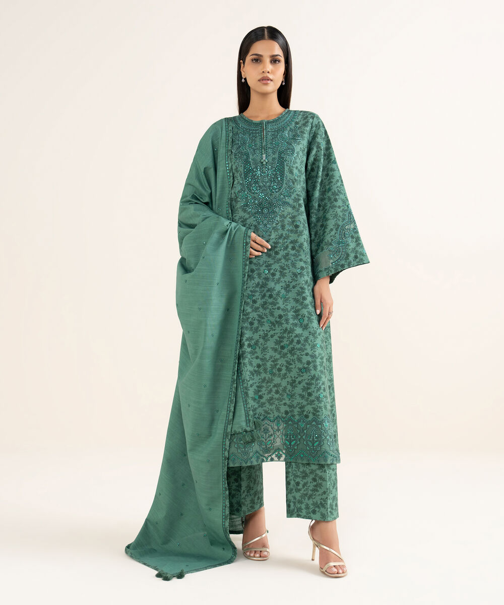 Women's Unstitched Khaddar Embroidered Green 3 Piece Suit