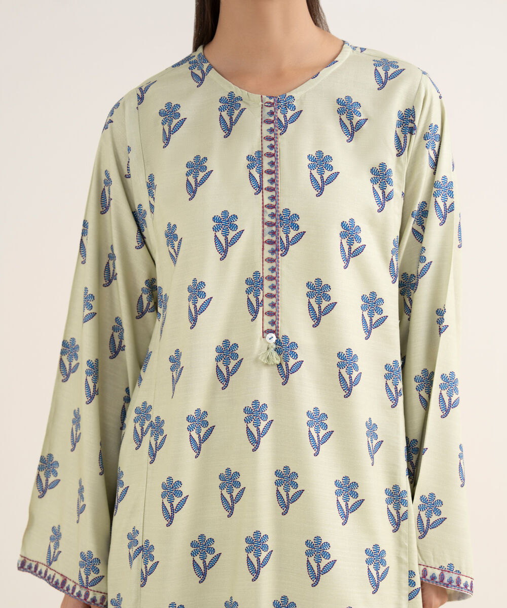 Women's RTW Cotton Embroidered Mint Green A-Line Shirt