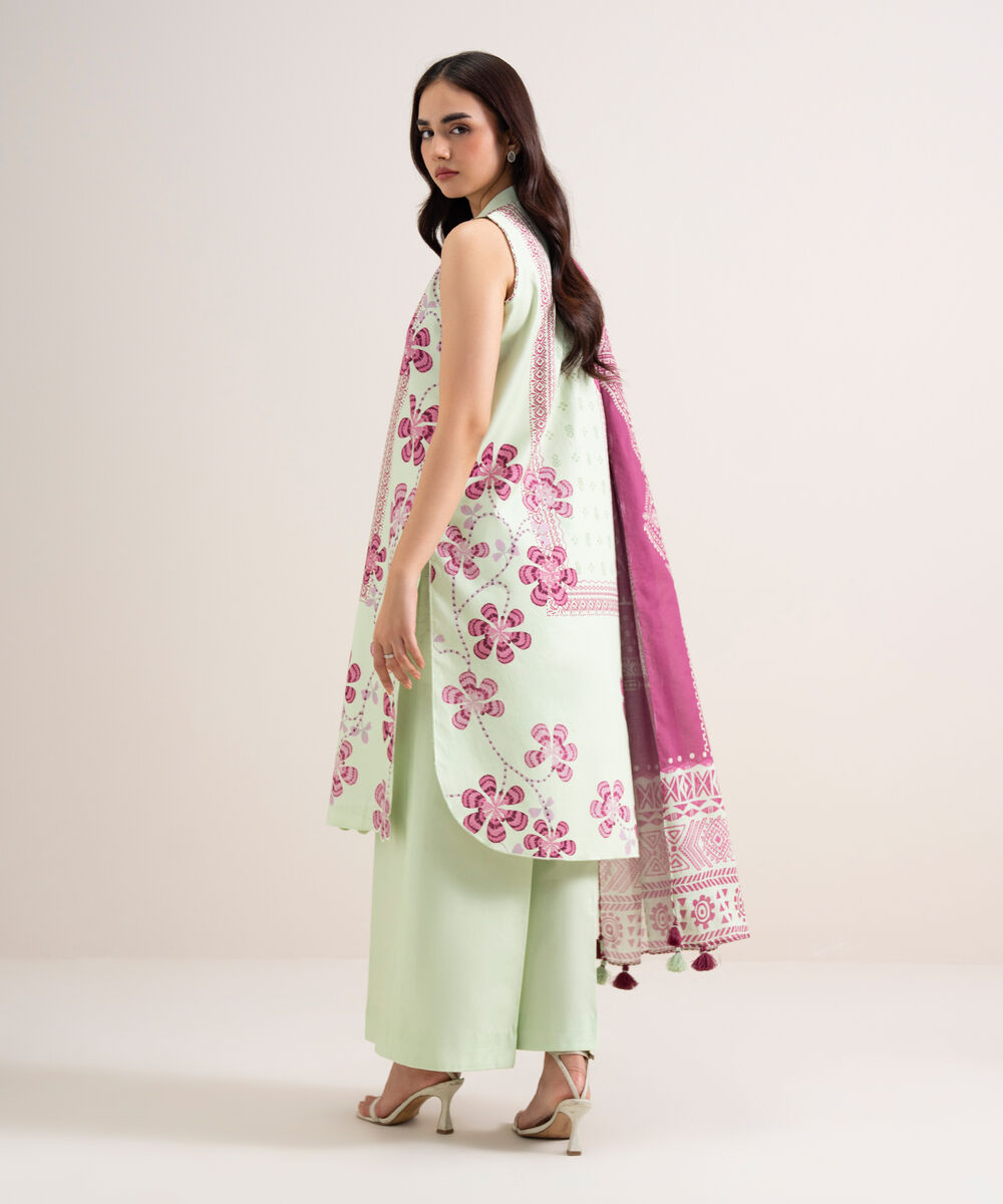 Women's Unstitched Cotton Printed Light Green  3 Piece Suit