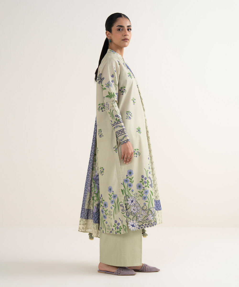 Women's Unstitched Lawn Printed Beige 3 Piece Suit