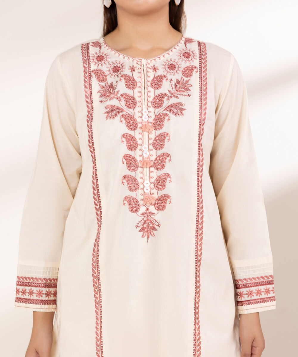 Women's RTW Textured Lawn Pink Embroidered A-Line Shirt