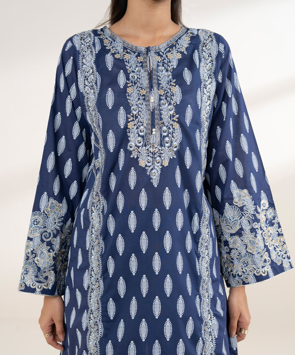 Women's RTW Lawn Blue Embroidered A-Line Shirt