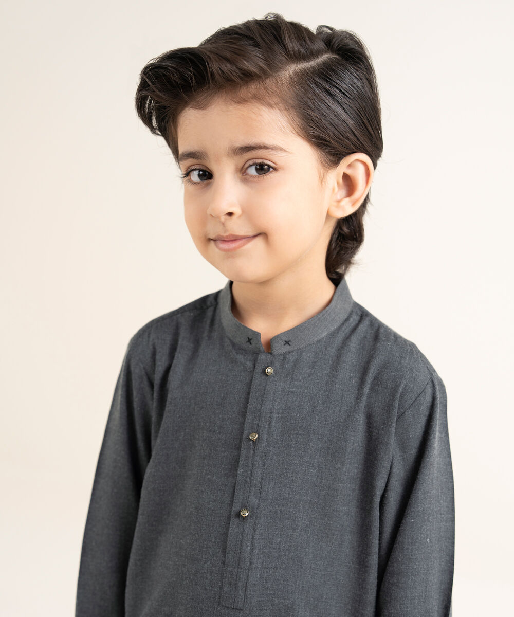 Men's Textured Wash & Wear Plain Charcoal Kurta Trouser