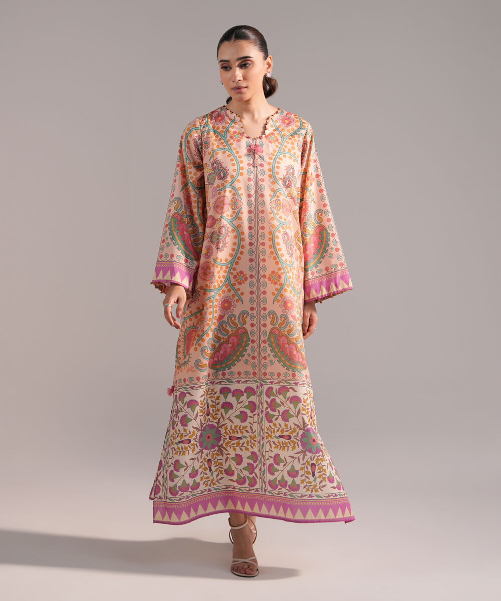 Women's RTW Blended Grip Silk Printed Peach A-Line Shirt