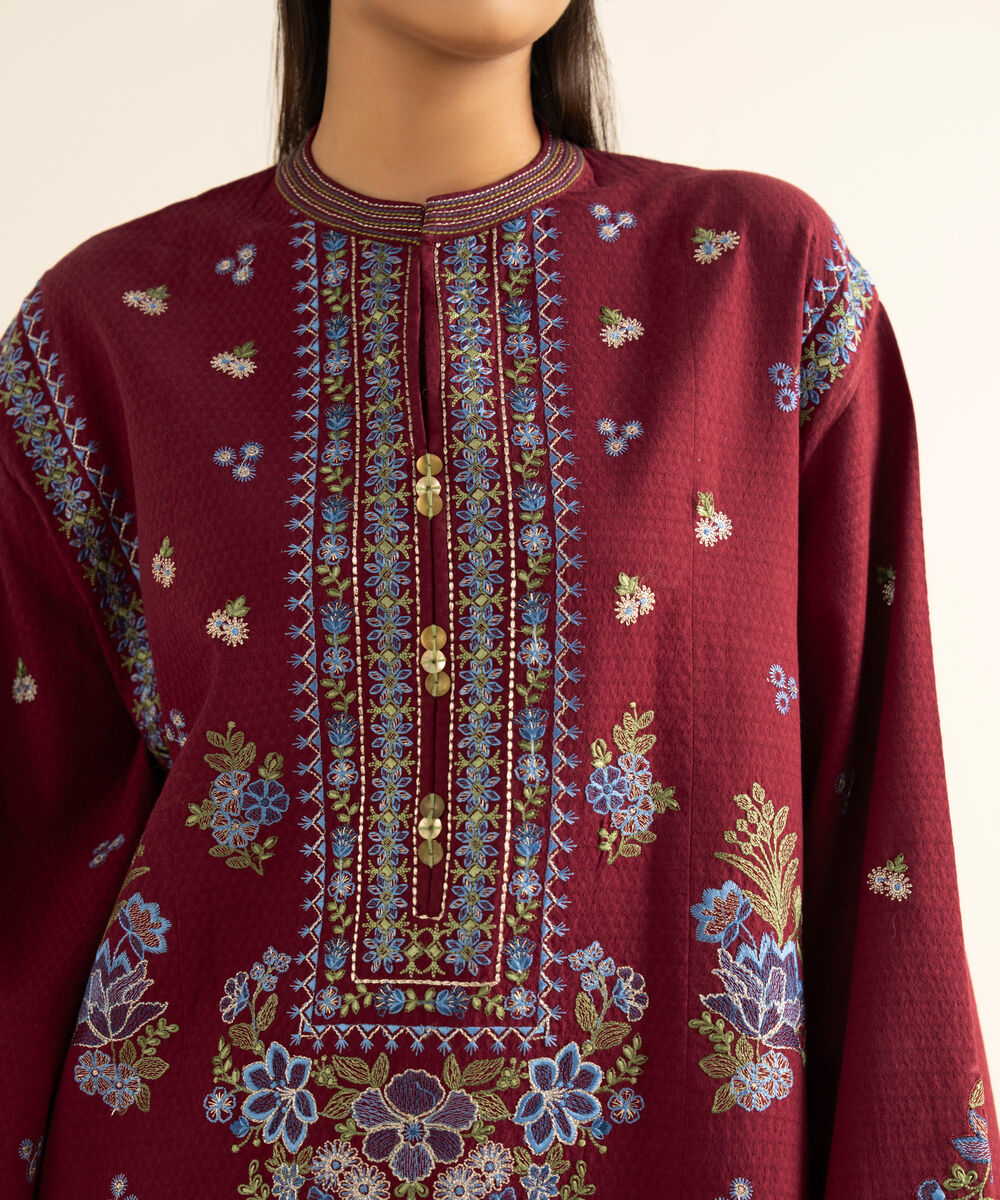 Women's Unstitched Dobby Embroidered Red 3 Piece Suit