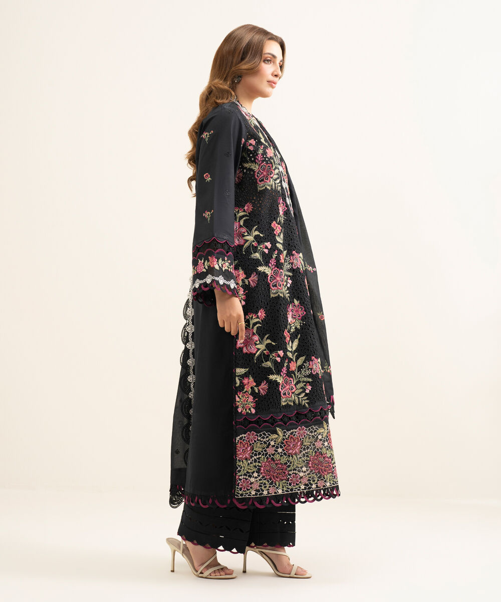 Women's Unstitched Lawn Embroidered Black 3 Piece Suit