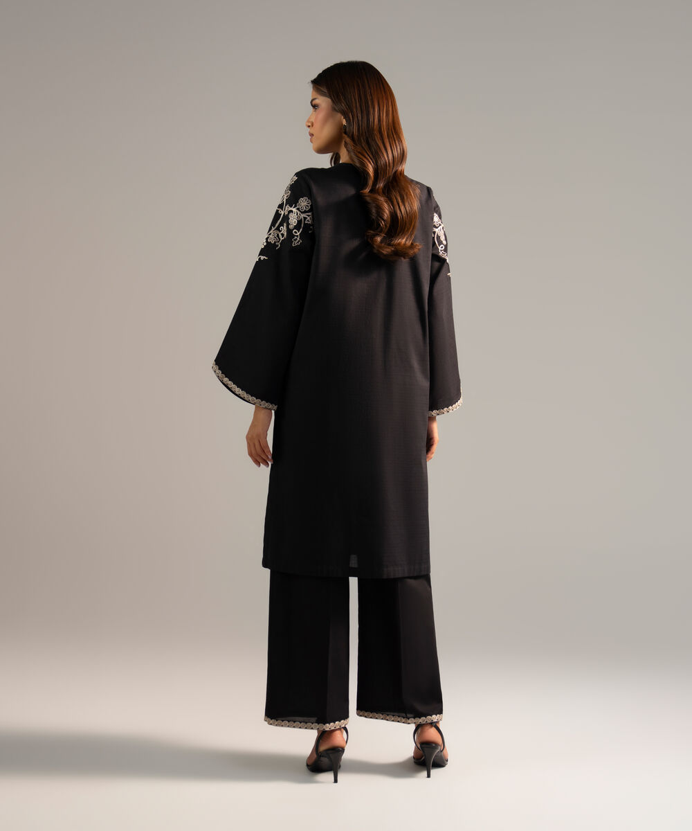 Women's RTW Dobby Embroidered Black Straight Shirt