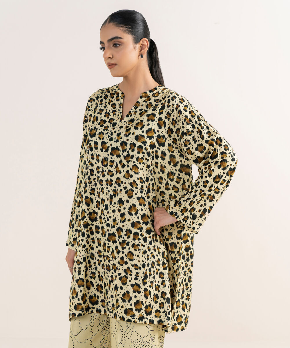 Women's RTW Arabic Lawn Off White Printed Drop Shoulder Shirt