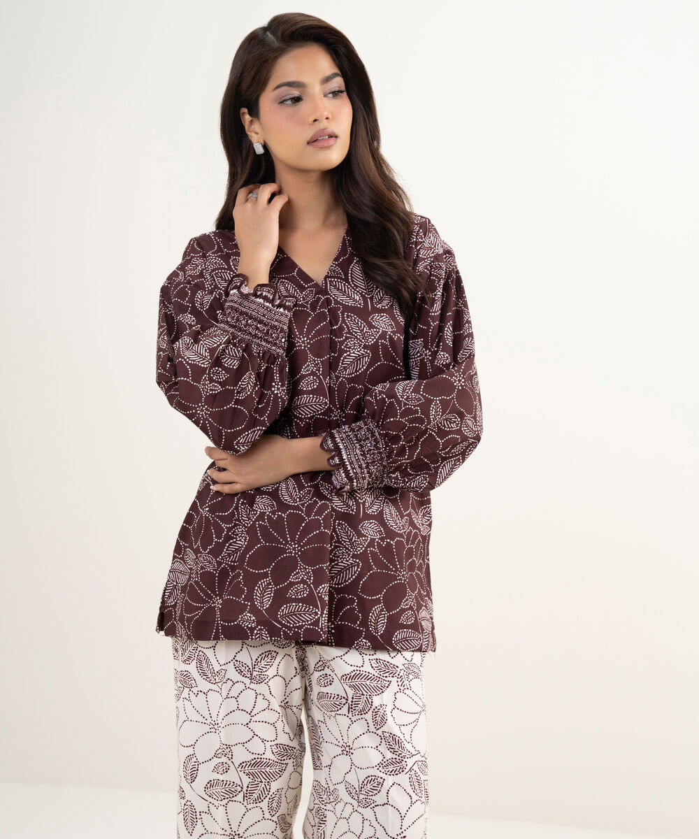 Women's RTW Lawn Printed Maroon Boxy Shirt