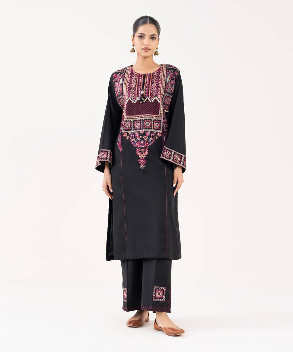 Women's RTW Textured Lawn Black Embroidered A-Line Shirt