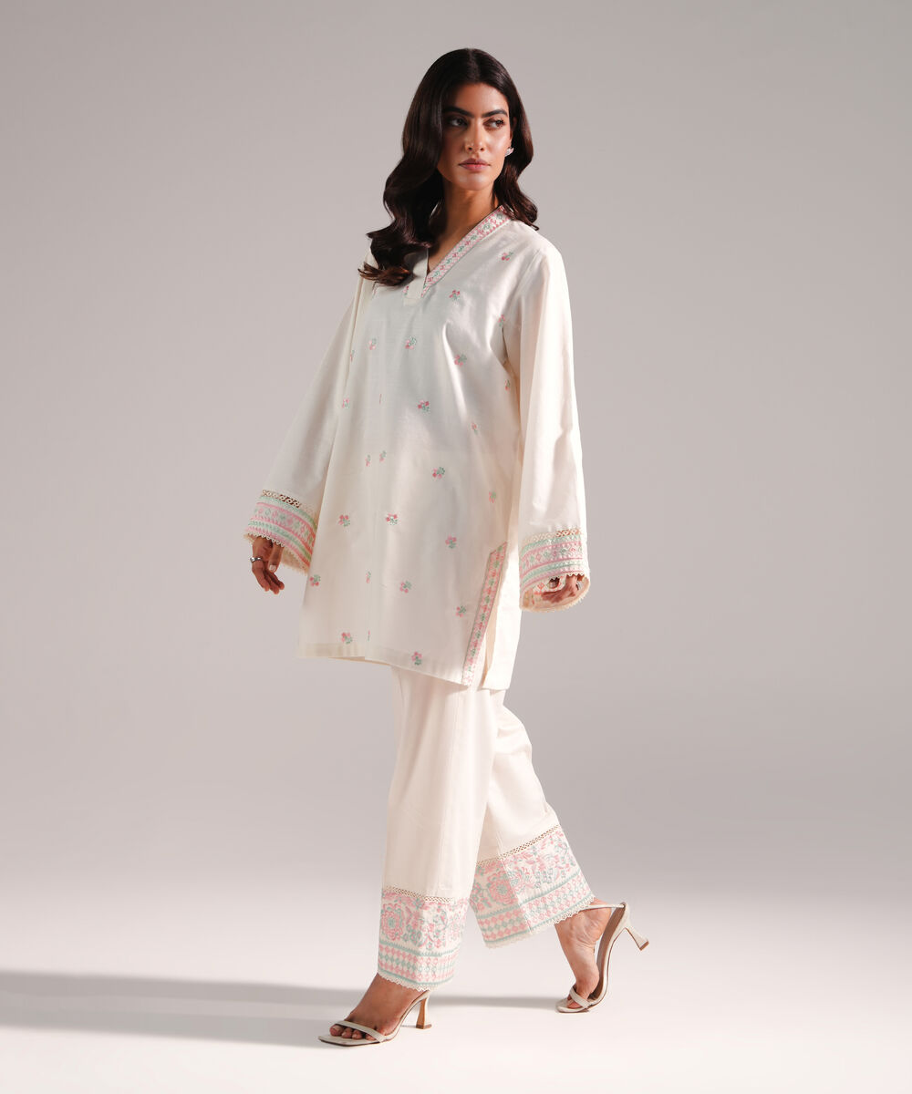 Women's RTW Slub Lawn Embroidered Off White 2 Piece Suit