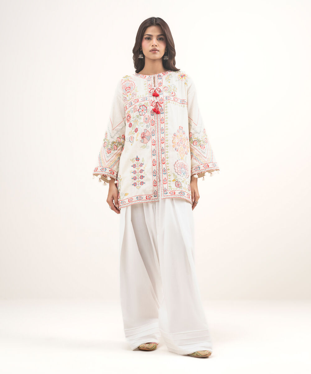 Women's RTW Dobby Embroidered Off White Drop Shoulder Shirt