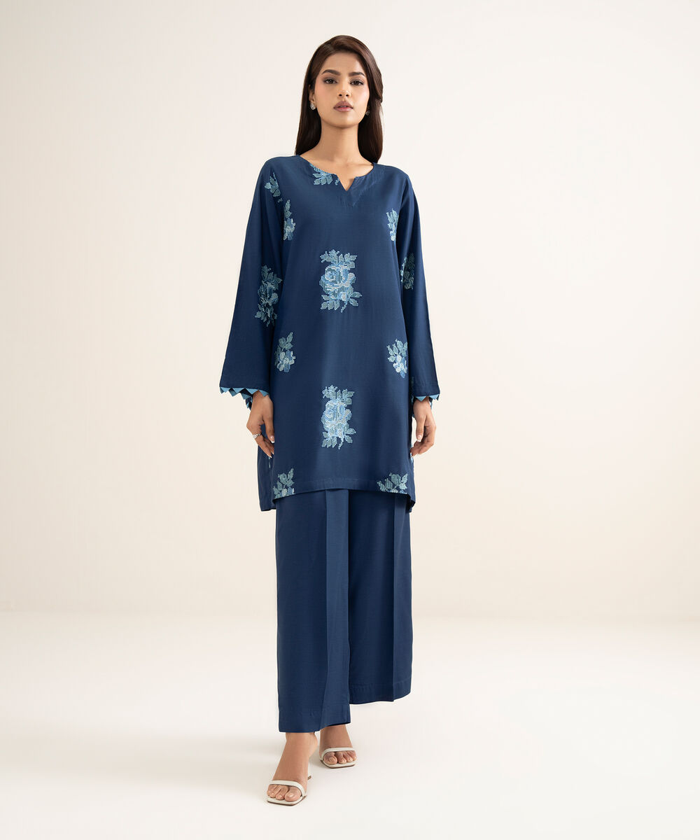 Women's RTW Cotton Viscose Embroidered Blue Straight Shirt