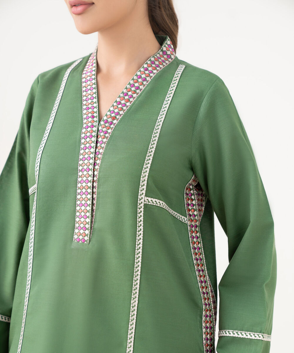 Women's RTW Cotton Embroidered Green Straight Shirt
