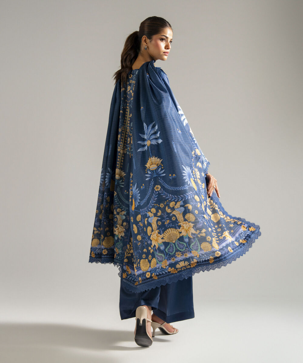 Women's RTW Blended Satin Printed Blue 3 Piece Suit