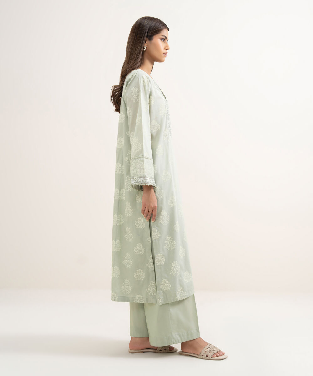 Women's RTW Lawn Embroidered Mint Green A-Line Shirt