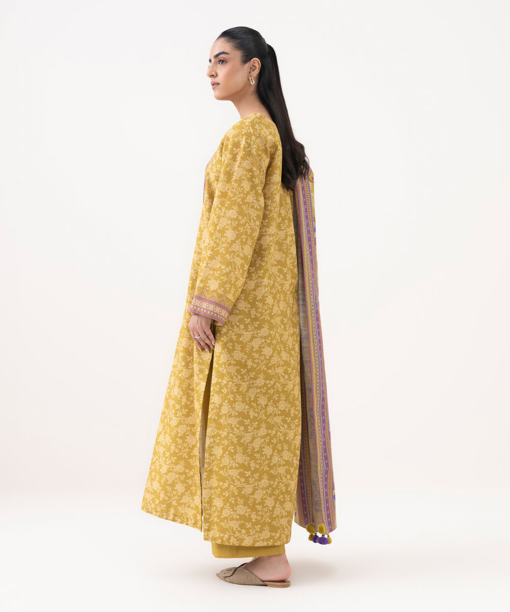 Women's Unstitched Light Khaddar Printed Yellow 3 Piece Suit