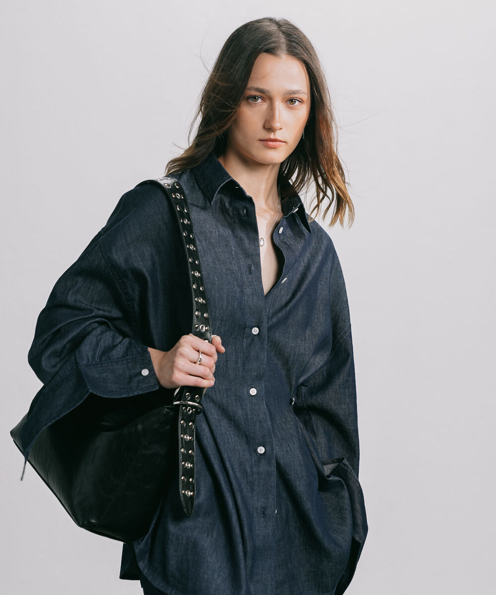 Women's Western Wear Blue Cinched Waist Button Through Shirt