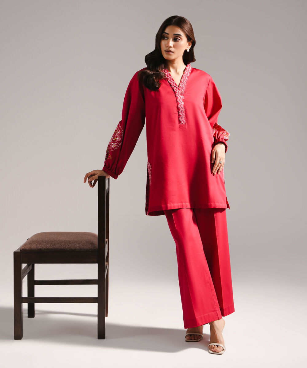 Women's RTW Textured Cotton Embroidered Straight Red Shirt